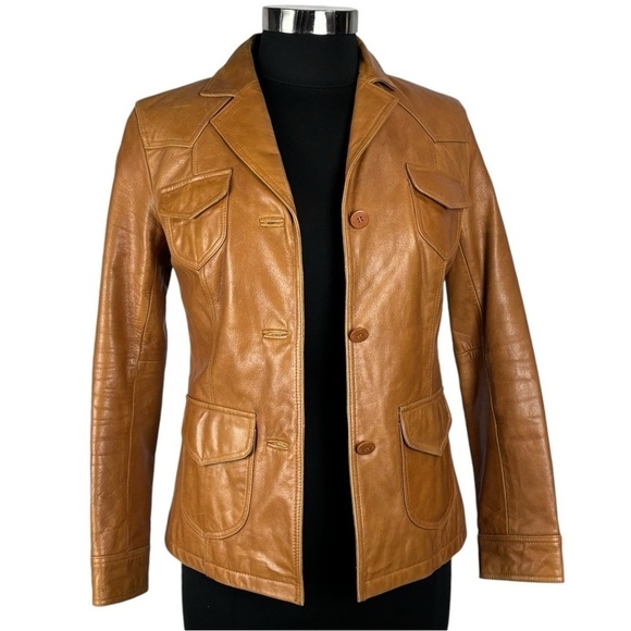 STEVE MADDEN Y2K RETRO 70'S CARAMEL LEATHER BUTTON DOWN CAR COAT JACKET - Picture 4 of 15